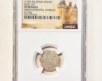 Medieval Spain Silver Coin Alfonso I Dinero Toledo 1104-1134 NGC Certified Crusades Era Artifact