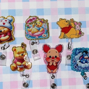 kawaii Pooh belt clip badge reel / glitter acrylic