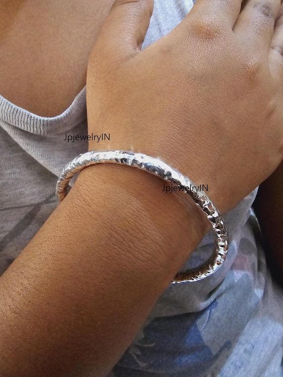 Silver Hammered Oval Bangle Solid Pure 925 Sterling Silver
