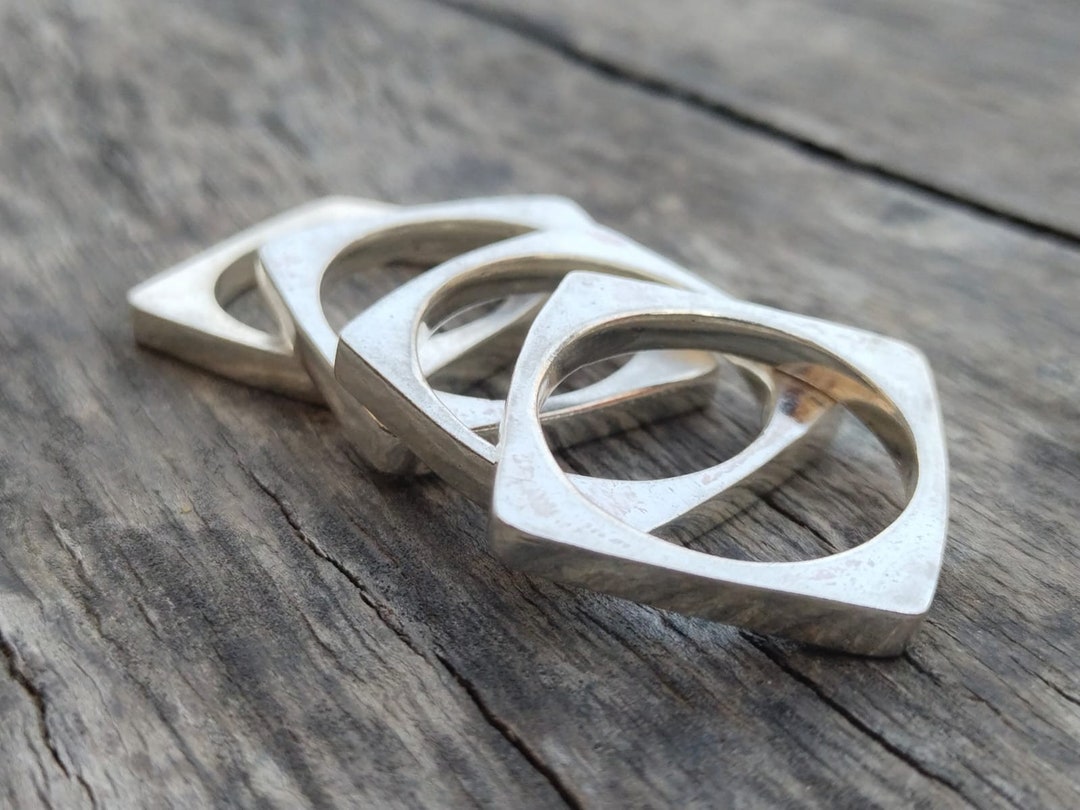 Set of 4 Ring Square Ring Chunky Dome Stackable Chunky Silver Ring ...