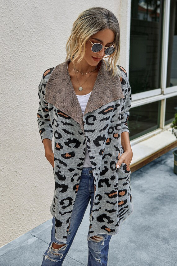 PinkButterFlyEsty Leopard Waterfall Collar Cardigan for Women, Oversize Warm Cardigan, Knitted Large Loose Fit Cardigan Sweater
