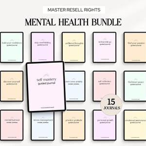 May include: A collection of 15 guided journals for mental health, with titles like "Self-Mastery" and "Find Your Passion." Each journal has a pastel background and a black border. The text "Mental Health Bundle" is at the top.