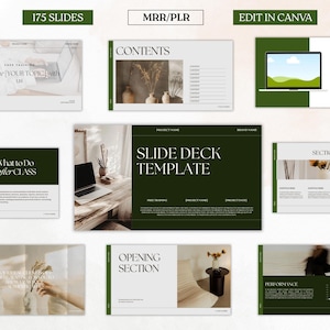 Puede incluir: Una colección de diapositivas de presentación digital con texto como "175 SLIDES", "MRR/PLR" y "EDIT IN CANVA". Las diapositivas presentan un diseño minimalista con imágenes y texto, incluyendo "SLIDE DECK TEMPLATE" y "CONTENTS".