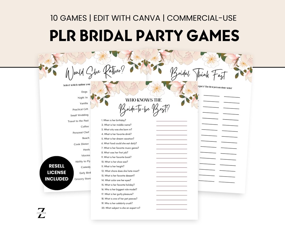 PLR Bridal Party Games, PLR Party Games, Sell This Done for You Digital ...