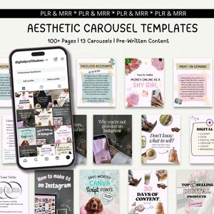 May include: A promotional image showcasing digital product templates. The image features a smartphone displaying a dashboard and several aesthetic carousel templates with titles like "Faceless Accounts" and "How to Make Money Online as a Shy Girl."