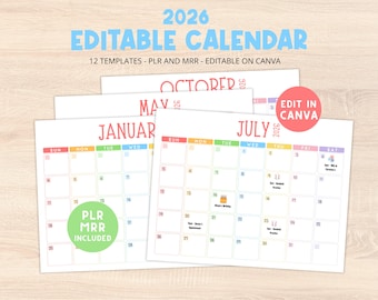 2026 Calendar Editable Template PLR MRR Commercial Use, 2026 Calendar Canva Template