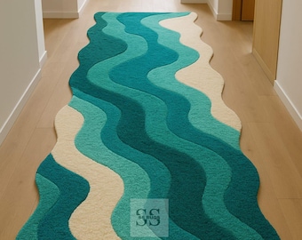 Hand Tufted Wool Rug White & Sea Green Striped Runner Custom Size