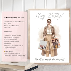 May include: A framed print with the words "Happy Birthday!" and "For everything you wish for." The illustration features a woman holding shopping bags with the number 50 on them. The print also includes text about printing at home.