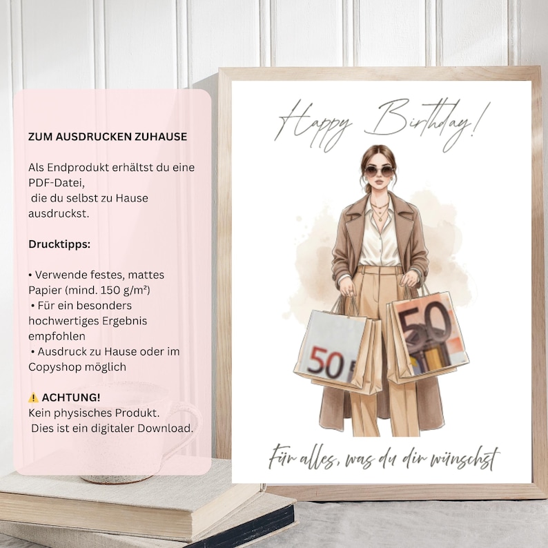 May include: A framed print with the words "Happy Birthday!" and "For everything you wish for." The illustration features a woman holding shopping bags with the number 50 on them. The print also includes text about printing at home.
