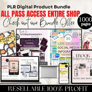 May include: A digital product bundle for life coaches, featuring over 1000 pages of printable planners, social media graphics, and ebooks. The bundle includes a variety of resources, such as a "Spooky Vibes Planner", a "Good Vibes Planner", and an ebook titled "Develop Your Personal Brand for Coaches". The text "Resellable 100% Profit" is displayed on the image.