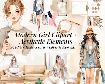 Modern Girl Clipart Bundle | 64 Aesthetic PNG | Watercolor Fashion Girls & Lifestyle Elements | Clean Girl Aesthetic Set
