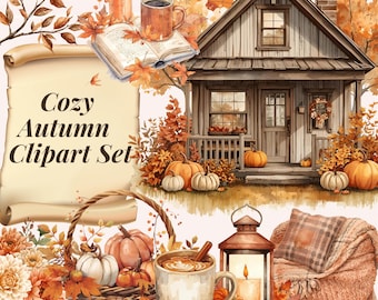 May include: A digital illustration of a cozy autumn scene. The image features a rustic cabin, pumpkins, fall leaves, a basket, a mug of coffee, and a lit candle. The text "Cozy Autumn Clipart Set" is displayed on a scroll.