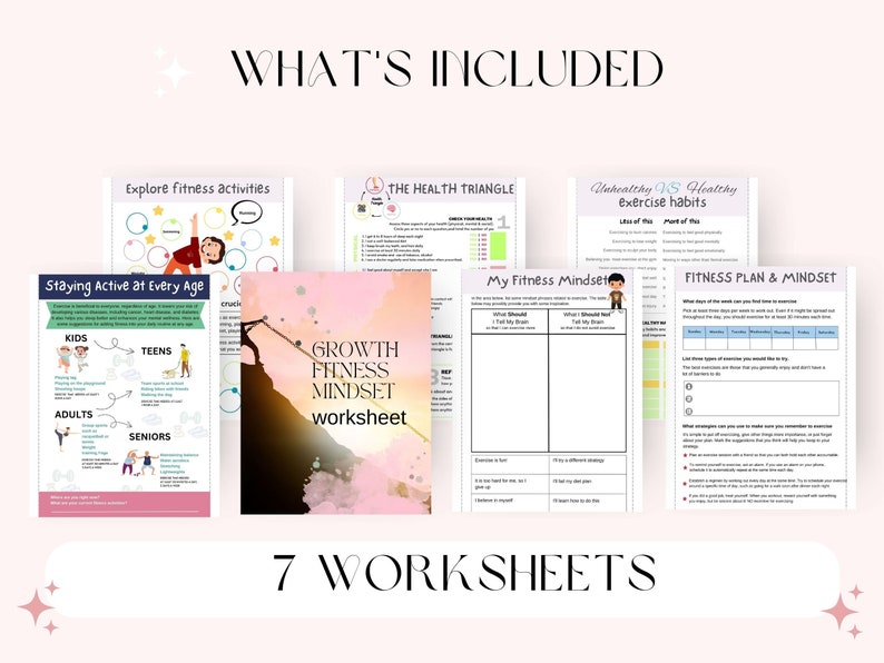 May include: Seven printable worksheets for a fitness plan and mindset. The worksheets include topics like exploring fitness activities, staying active at every age, the health triangle, unhealthy vs healthy exercise habits, and my fitness mindset.