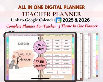 May include: A digital planner for teachers with a pink and brown cover. The planner includes 400+ pages and a free sticker. The planner is for the years 2025 and 2026. It includes a link to Google Calendar.