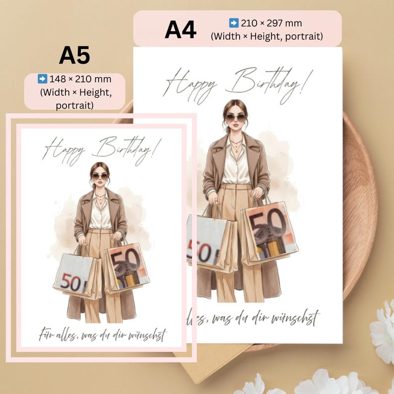 May include: A5 and A4 size birthday cards with a fashion illustration. The cards feature a woman holding shopping bags with the number 50 on them. The text "Happy Birthday!" is at the top, with additional text at the bottom.