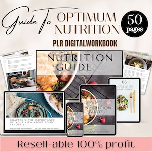 Könnte beinhalten: Ein digitales Arbeitsbuch mit dem Titel "Guide to Optimum Nutrition" mit einem Titelbild einer Schüssel Salat mit Hühnchen, Quinoa und Gemüse. Das Arbeitsbuch umfasst 50 Seiten und ist ein PLR-Produkt (Private Label Rights), d. h. es kann gewinnbringend weiterverkauft werden.