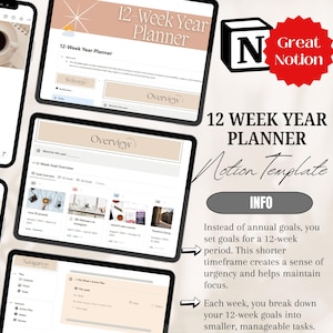 Op de afbeelding: Digitaal 12-Week Year Planner-sjabloon weergegeven op meerdere tablets. De planner heeft een minimalistisch ontwerp met secties voor het stellen van doelen en wekelijkse actieplannen. Bevat de tekst "12 WEEK YEAR PLANNER" en "Motion Template".