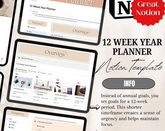 May include: Digital 12-Week Year Planner template shown on tablets. The planner has a minimalist design with sections for goal setting and weekly action plans. Text includes "12 WEEK YEAR PLANNER" and "Motion Template".