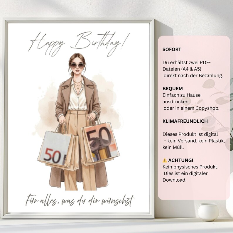 May include: A digital print with the text "Happy Birthday!" features a stylish illustration of a person holding shopping bags with the number 50. The print includes the text "F&uuml;r alles, was du dir w&uuml;nschst."