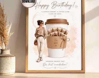 Coffee Money Gift for Woman Birthday | Birthday Gift for Daughter Mother Girlfriend | Happy Birthday | DIY Money Gift | A4 Printable Voucher