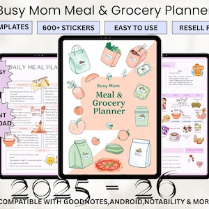 Op de afbeelding: Digitale maaltijd- en boodschappenplanner met de tekst "Busy Mom Meal & Grocery Planner". De planner bevat 50+ sjablonen, 600+ stickers en is gemakkelijk te gebruiken. De afbeelding bevat ook de tekst "Direct downloaden" en "Compatibel met GoodNotes, Android, Notability & More".