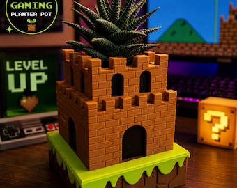 Retro Gaming Castle Planter Pot – Gamer Desk Decor – Cute Succulent Planter – Geeky Gaming Room Gift