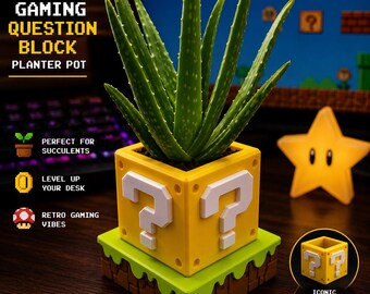 Retro Gaming Question Block Planter – Gamer Desk Decor – Cute Succulent Pot – Geeky Gaming Room Gift