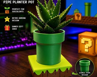 Retro Gaming Pipe Planter Pot – Gamer Desk Decor – Cute Succulent Planter – Geeky Gaming Room Gift