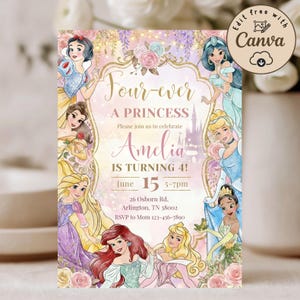 May include: A princess-themed invitation with a gold frame, featuring illustrations of various princesses. The text reads "Four-ever A Princess" and announces Amelia's 4th birthday on June 15th. The design includes floral accents and a castle silhouette.