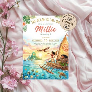 Puede incluir: Una invitación colorida con el texto "The Ocean is Calling" y "Millie cumple 3 años." El diseño presenta ilustraciones de personajes en un barco, peces y una tortuga. La invitación incluye detalles del evento.
