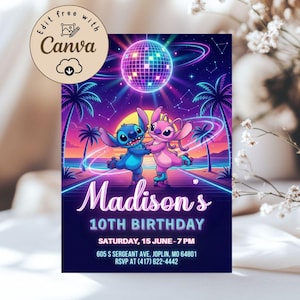 May include: A vibrant birthday invitation featuring a neon-style illustration of two cartoon characters roller skating under a disco ball. The invitation includes the text "Madison's 10th Birthday" with event details and a Canva logo.