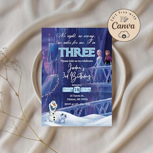 May include: A birthday invitation with a winter castle scene and characters from a popular animated film. The invitation says "THREE" and includes details for a 3rd birthday celebration, including the date, time, and location.