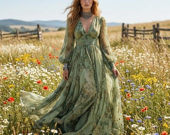 May include: A floor-length sage green chiffon dress featuring a deep V-neckline, long sheer bishop sleeves, and a fitted bodice. The fabric is adorned with a subtle floral print, and the skirt flows into a full, pleated silhouette.