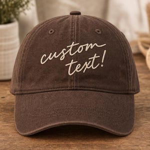Custom Embroidered Coffee Brown Dad Cap, Ivory Handwritten Two-Line Cursive Text