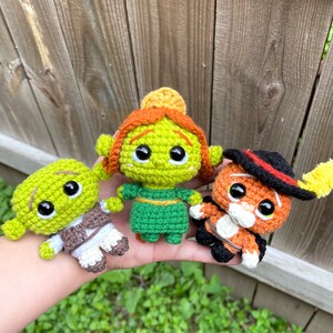 Shrek, Fiona, and Puss in Boots Mini Funko Crochet Amigurumi Doll Bundle 3 in 1