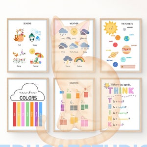 18 carteles educativos establecidos para sala de juegos y niños, niños pequeños, imprimibles, arte de pared educativo, cartel de aprendizaje, arte de pared preescolar
