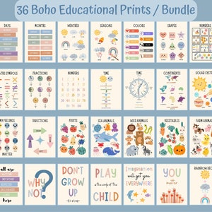 Conjunto de 36 pôsteres educacionais Boho para crianças de sala de jogos, bebês, para impressão, arte educacional de parede, pôster de aprendizagem, alfabeto, números, estações