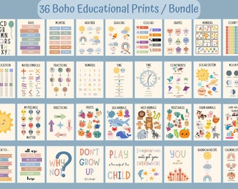 36 Boho Educational Posters Set for Playroom Kids, Toddlers, Printable, Educational Wall Art, Learning Poster, Alphabet, Numbers, Seasons