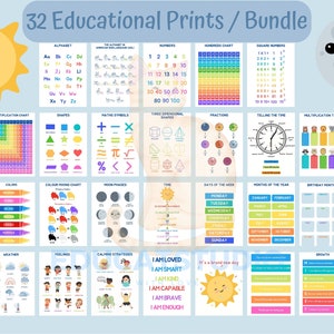 Juego de 32 carteles educativos renovados para niños de sala de juegos, niños pequeños, imprimibles, arte educativo de pared, póster de aprendizaje, alfabeto, números, estaciones