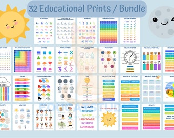 Renewed 32 Educational Posters Set for Playroom Kids, Toddlers, Printable, Educational Wall Art, Learning Poster, Alphabet, Numbers, Seasons