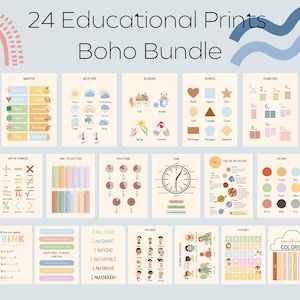 Juego de 24 carteles educativos para sala de juegos, niños, niños pequeños, impresiones imprimibles en el hogar y la escuela, arte mural educativo bohemio, póster de aprendizaje, alfabeto.