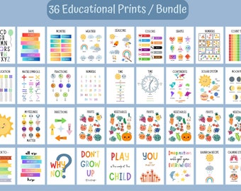 36 Educational Posters Set for Playroom Kids, Toddlers, Printable, Educational Wall Art, Learning Poster, Alphabet, Numbers, Seasons