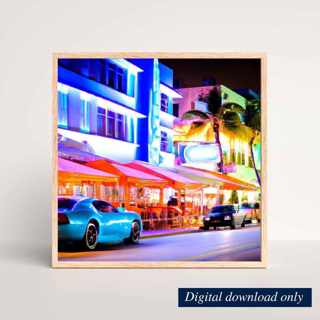 South Beach Miami Ai Art Print, Ocean Drive Miami Wall Art, Instant