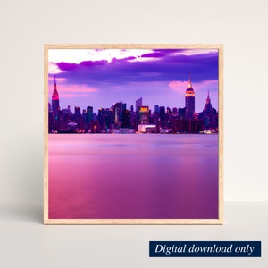 Purple New York City Skyline Ai Art Print, Manhattan Skyline Wall Art, Instant Download, Downloadable Digital Print, Printable Art