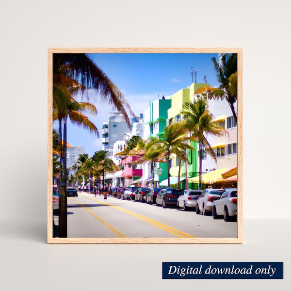 Retro South Beach Miami Ai Art Print, Ocean Drive Miami Wall Art, Instant Download, Downloadable Digital Print, Printable Art