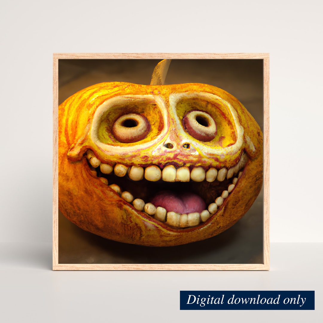 Troll Face Pumpkin Halloween Ai Art Print, Creepy Pumpkin Wall Art