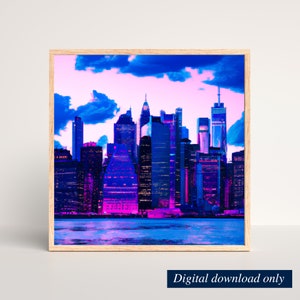 Blue/Pink New York City Skyline Ai Art Print, Manhattan Skyline Wall Art, Instant Download, Downloadable Digital Print, Printable Art