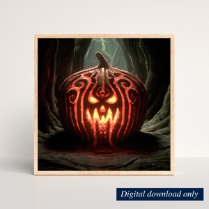 Gruseliges Gesicht Kürbis Halloween Ai Kunstdruck, Gruseliger Kürbis Wandkunst, HerbstDeko, Sofort Download, Digitaldruck Download, druckbar