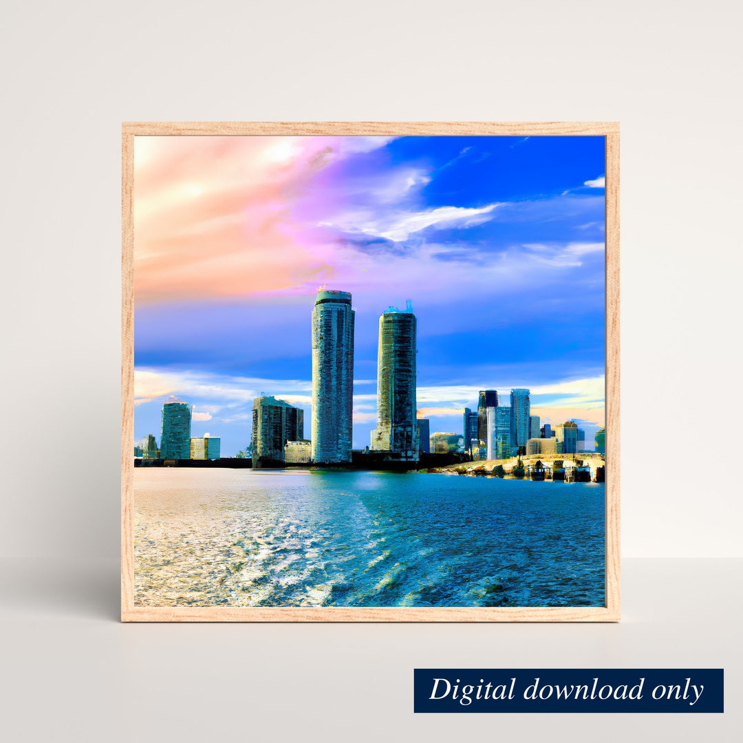 Vintage Miami Skyline Ai Art Print, Miami Skyline Wall Art, Instant