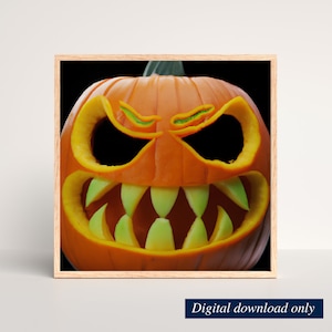 Mean Pumpkin Halloween Ai Kunstdruck, Gruseliger Kürbis Wandkunst, HerbstDeko, Sofort Download, Digitaldruck Download, druckbar